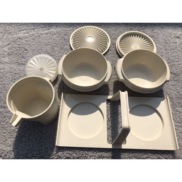 Vtg 80s Tupperware Condiment Servalier Caddy Bowls Lids Storage Pitcher HTF Set - Picture 13 of 15